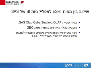 ‫שילוב בין מפות ‪ ESRI‬לאפליקציות ‪ BI‬של ‪SAS‬‬

                                                 ‫‪ ‬בניית קוביית ‪ OLAP‬ב-‪.SAS Olap Cube Studio‬‬
                                                            ‫‪ ‬הקוביה כוללת היררכיה מיוחדת מסוג ‪GEO‬‬
                                           ‫‪ ‬רמה בהיררכיה הגיאוגרפית בקוביה מקושרת לשכבת‬
                                                     ‫מידע במפה השמורה בשרת של ‪ESRI‬‬




‫.‪Copyright © 2008, SAS Institute Inc. All rights reserved‬‬       ‫‪Company confidential - for internal use only‬‬
 