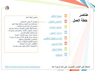 ‫ملخص لخطة العمل‬
                                                                 ‫صفحة الغالف‬                ‫عناصر‬
                         ‫•ٌفضل أال ٌتجاوز الصفحتان‬            ‫الملخص التنفيذي‬           ‫خطة العمل‬
          ‫•ٌتم كتابته بعد االنتهاء من كتابة خطة العمل‬
                   ‫•تضمٌن الرسالة والرؤٌا واألهداف‬
     ‫•تحدٌد الشكل القانونً للشركة، مسماها وعنوانها‬             ‫المنتج / الخدمة‬
  ‫•وصف المنتج أو الخدمة والخصائص الممٌزة له .‬
                         ‫•نوع الحلول المقدمة للزبائن‬            ‫دراسة السوق‬
               ‫•وصف موجز لسوق المنتج أو الخدمة.‬
      ‫•وصف موجز للفرٌق اإلداري مهاراته وخبراته‬
                      ‫•المنافسون نقاط قوتهم وضعفهم‬      ‫اإلدارة والهيكل التنظيمي‬
                   ‫•المٌزة التنافسٌة لمنتجك أو خدمتك‬
                        ‫•التكالٌف واإلٌرادات المتوقعة‬             ‫خطة التسويق‬
            ‫•االحتٌاجات المالٌة وكٌف سٌتم استثمارها‬
                                                                   ‫الخطة المالية‬

                                                                       ‫الملحقات‬



‫/‪http://home.birzeit.edu/nzitce/bsc‬‬                               ‫اضغط على العنصر للحصول على نبذة موجزة عنه‬
 