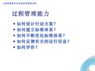 过程管理能力 如何设计行动方案？ 如何建立标准体系？ 如何不断优化标准体系？ 如何反馈有关的运行信息？ 如何评价？ 