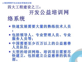 四大工程建设之三：   开发 公益培训网络系统 快速发展需要大量的熟练技术人员； 包括领导人、专业管理人员、专业服务人员等； 中国需要至少百万以上的公益慈善人员队伍； 大型的培训网络、培训项目需要尽快建立，包括建立公益慈善的俱乐部。 