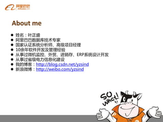 About me
   姓名：叶正盛
   阿里巴巴数据库技术丏家
   国家认证系统分析师、高级项目经理
   10余年软件开发及管理经验
   从事过微机监控、外贸、进销存、ERP系统设计开发
   从事过省级电力信息化建设
   我的博客：http://blog.csdn.net/yzsind
   新浪微博：http://weibo.com/yzsind
 