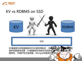 KV vs RDBMS on SSD



   KV                        RDBMS



                 SSD


 KV数据库与传统数据库对SSD是同等起步，但SSD会让传统数据库满足
 更多性能需求场景，KV数据库在性能方向优势变小，所以需要在功能、
 易用性、可维护性方面突破，MongoDB就有它的亮点。
 