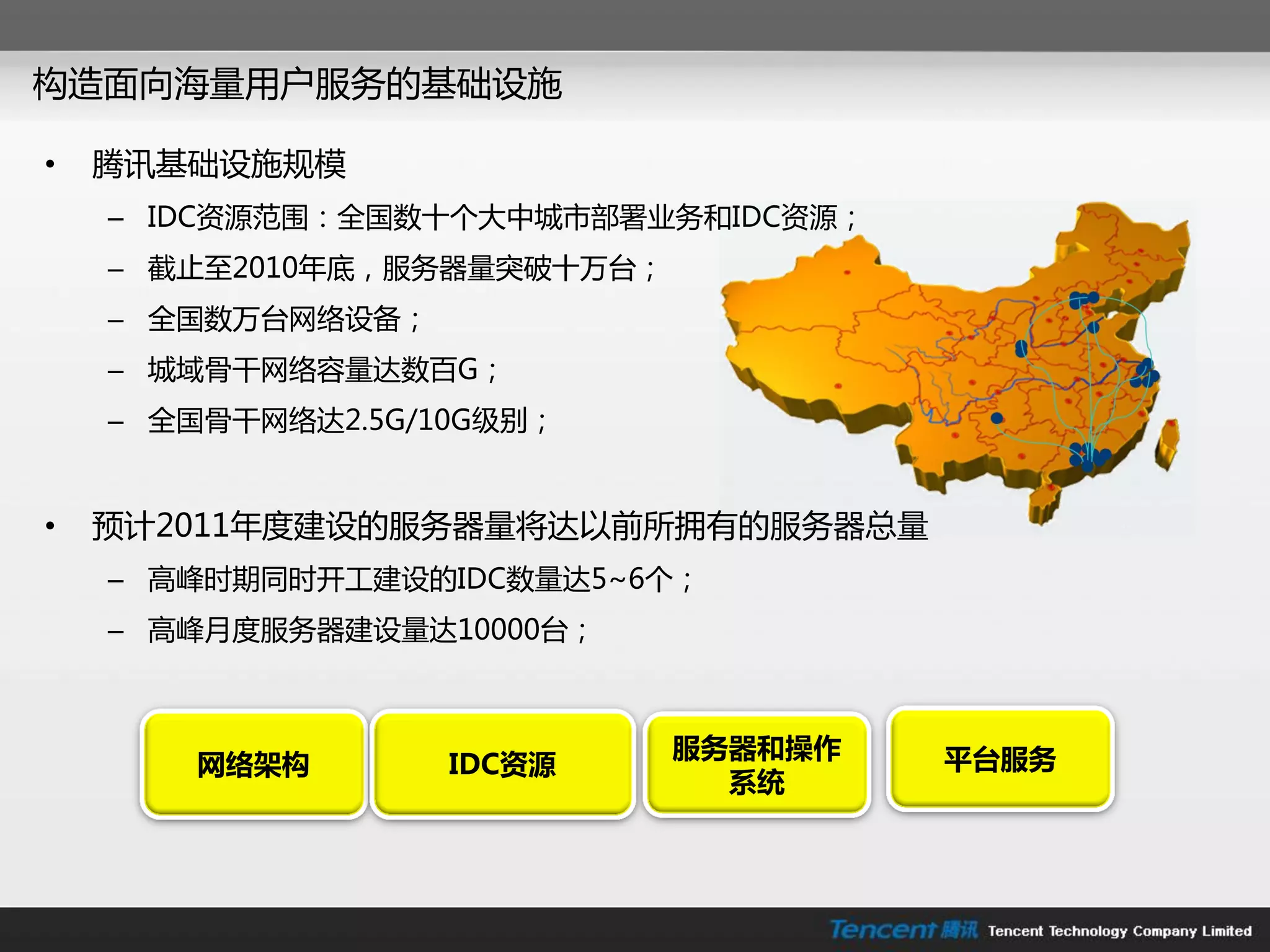 构造面向海量用户朋务的基础设施

•   腾讯基础设施规模
    – IDC资源范围：全国数十个大中城市部署业务和IDC资源；
    – 戔止至2010年底，朋务器量突破十万台；
    – 全国数万台网络设备；
    – 城域骨干网络容量达数百G；
    – 全国骨干网络达2.5G/10G级别；


•   预计2011年度建设的朋务器量将达以前所拥有的朋务器总量
    – 高峰时期同时开工建设的IDC数量达5~6个；
    – 高峰月度朋务器建设量达10000台；



                             服务器和操作   平台服务
       网络架构        IDC资源
                               系统
 