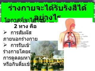 ร่างกายจะได้รับรังสีได้อย่างไร โอกาสที่จะได้รับมี   2  ทาง คือ การสัมผัสภายนอกร่างกาย การรับเข้าร่างกายโดยตรงผ่านการดูดลมหายใจหรือกินดื่มเข้าไป 