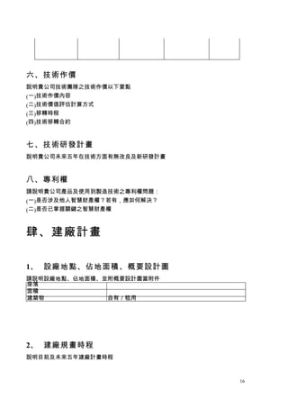 六、技術作價
說明貴公司技術團隊之技術作價以下要點
(一)技術作價內容
(二)技術價值評估計算方式
(三)移轉時程
(四)技術移轉合約


七、技術研發計畫
說明貴公司未來五年在技術方面有無改良及新研發計畫



八、專利權
請說明貴公司產品及...
