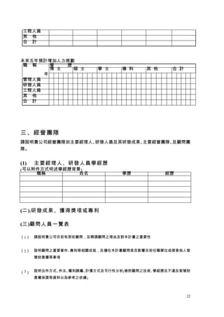 工程人員
 其 他
 合 計



未來五年預計增加人力規劃
 職 稱    學   歷
        博 士   碩 士       學 士   專 科    其 他    合 計
      年
 管理人員
 研發人員
 工程人員
 其 ...