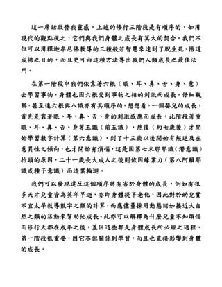 這一席話啟發我靈感，上述的修行三階段是有順序的，如用
現代的觀點視之，它們與我們身體之成長有莫大的契合。我們不
但可以用釋迦牟尼佛教導的三種般若智慧來達到了脫生死，悟道
成佛之目的，而且更可由這種方法導出我們人類成長之最佳法
門。

 在第一階段中我們依靠著六根﹙眼、耳、鼻、舌、身、意﹚
去學習事物，身體也因六根受到事物之相的刺激而成長。仔細觀
察，甚至連六根與八識亦有其順序的。想想看，一個嬰兒的成長，
首先是靠著眼、耳、鼻、舌、身的刺激感應而成長，此階段著重
眼、耳、鼻、舌、身等五識﹙前五識﹚，然後﹙約七歲後﹚才開
始學習數字計算﹙第六意識﹚，到了十三歲以後開始有叛逆及在
意異性之傾向，也才開始有煩惱，這是因第七末那耶識﹙潛意識﹚
抬頭的原因，二十一歲長大成人之後則依因緣業力﹙第八阿賴耶
識或種子意識﹚而造業輪迴。

 我們可以發現違反這個順序將有害於身體的成長，例如有很
多天才兒童皆為英年早逝，亦即身體提早老化，因此對於幼兒實
不宜太早教導數字之類的計算，而應儘量採用動態諸如接近大自
然之類的活動來幫助他成長。此亦可以解釋為什麼兒童不知煩惱
而修行大都在成年之後，蓋因這些都是身體成長所必經之過程。
第一階段很重要，因它不但關係到學習，而且也直接影響到身體
的成長。
 