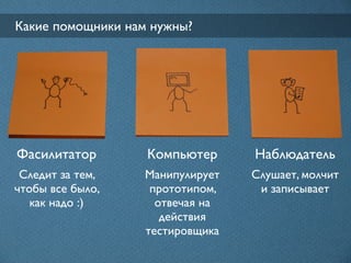 Какие помощники нам нужны?




Фасилитатор        Компьютер      Наблюдатель
 Следит за тем,    Манипулирует   Слушает, молчит
чтобы все было,     прототипом,    и записывает
   как надо :)       отвечая на
                      действия
                   тестировщика
 