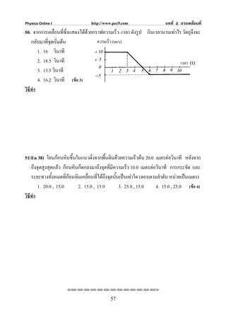 Physics Online I                  http://www.pec9.com                   บทที่ 2 การเคลื่อนที่
50. จากการเคลื่อนที่ซึ่งแสดงไดดวยกราฟความเร็ว–เวลา ดังรูป กินเวลานานเทาไร วัตถุจึงจะ
                                
    กลับมาที่จุดเริมตน
                   ่                ความเร็ว (m/s)
        1. 16 วินาที
        2. 18.5 วินาที                                   เวลา (t)          เวลา (t)
        3. 13.5 วินาที
        4. 16.2 วินาที (ขอ 3)
วิธีทํา




51(En 38) โยนกอนหินขึ้นในแนวดิ่งจากพื้นดินดวยความเร็วตน 20.0 เมตรตอวินาที หลังจาก
    ถึงจุดสูงสุดแลว กอนหินก็ตกลงมาถึงจุดทีมีความเร็ว 10.0 เมตรตอวินาที การกระจัด และ
                                              ่
    ระยะทางทั้งหมดที่กอนหินเคลื่อนที่ไดถึงจุดนั้นเปนเทาใด (ตอบตามลําดับ หนวยเปนเมตร)
        1. 20.0 , 15.0      2. 15.0 , 15.0         3. 25.0 , 15.0    4. 15.0 , 25.0 (ขอ 4)
วิธีทํา




                     ⌫⌫⌦⌫⌦⌫⌦⌫⌦⌫⌦⌫⌦⌫⌦⌫⌦⌫⌦⌫⌦⌫⌦⌫⌦⌫⌦⌦


                                            57
 