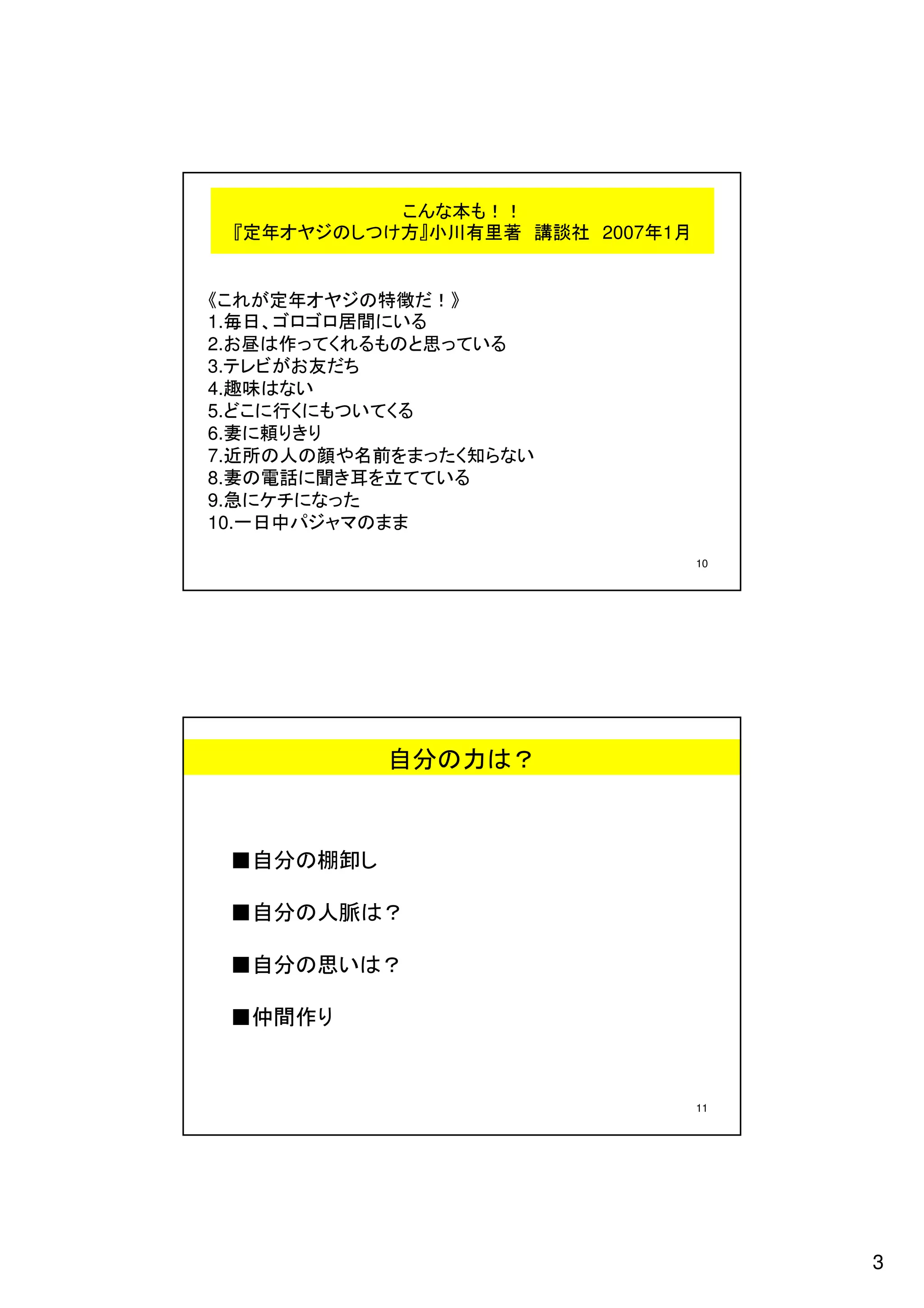 こんな本も！！
 『定年オヤジのしつけ方』小川有里著 講談社 2007年1月


《これが定年オヤジの特徴だ！》
1.毎日、ゴロゴロ居間にいる
2.お昼は作ってくれるものと思っている
3.テレビがお友だち
4.趣味はない
5.どこに行くにもついてくる
6.妻に頼りきり
7.近所の人の顔や名前をまったく知らない
8.妻の電話に聞き耳を立てている
9.急にケチになった
10.一日中パジャマのまま

                                 10




           自分の力は？



 ■自分の棚卸し

 ■自分の人脈は？

 ■自分の思いは？

 ■仲間作り


                                 11




                                      3
 