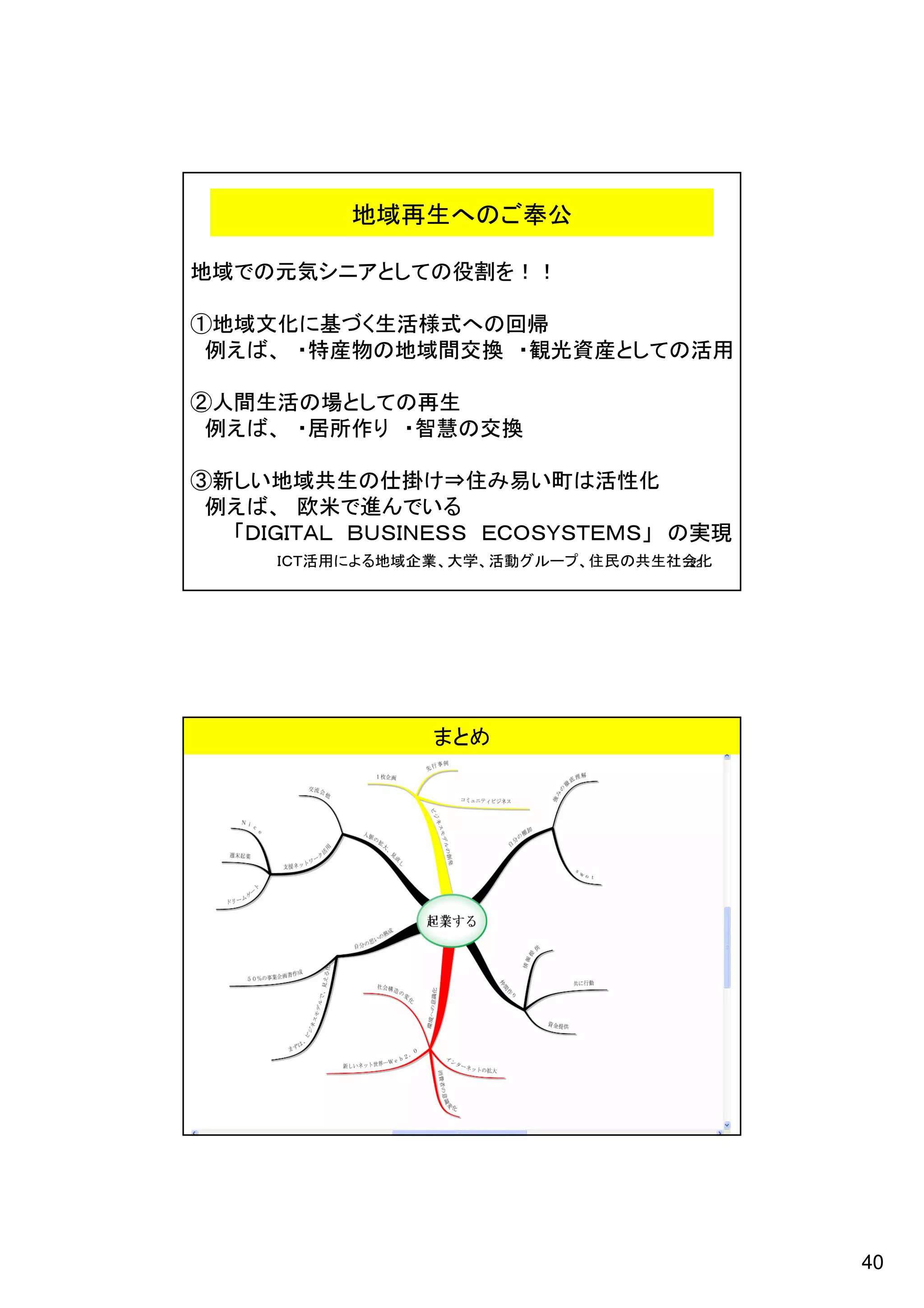 地域再生へのご奉公

地域での元気シニアとしての役割を！！

①地域文化に基づく生活様式への回帰
 例えば、 ・特産物の地域間交換 ・観光資産としての活用

②人間生活の場としての再生
 例えば、 ・居所作り ・智慧の交換

③新しい地域共生の仕掛け⇒住み易い町は活性化
 例えば、 欧米で進んでいる
  「ＤＩＧＩＴＡＬ ＢＵＳＩＮＥＳＳ ＥＣＯＳＹＳＴＥＭＳ」 の実現
     化 会 社 生 共 の 民 住 、 プ ー ル グ 動 活 、 学 大 、 業 企 域 地 る よ に 用 活 Ｔ ＣＩ
                                                             221




                          まとめ




                                                             222




                                                                    40
 