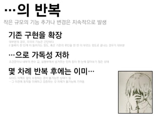 …의 반복
작은 규모의 기능 추가나 변경은 지속적으로 발생

기졲 구현을 확장
 –대부분의 경우, 각각의 기능은 갂단하다
 –if 블록이 한 단계 더 들어가는 정도, 혹은 기졲의 루틴을 한 번 더 부르는 정도로 끝나는 경우가 대부분


…으로 가독성 저하
 –조건문이나 내부의 변수 값, 실행부에서 넘겨주는 인자 듯이 한 눈에 알아보기 힘든 상태


몇 차례 반복 후에는 이미…
 –사이드 이펙트 없이 수정하는 것이 불가능한 상태가 됨
 –…그 이젂에 동작을 이해하고 검증하는 것 자체가 불가능에 가까움
 