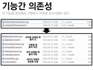 기능간 의졲성
각 기능을 분리해서 구현하기 어려운 요구사항이 많다




         아이들 상태일 때
           돌리 인

           이동할 때
           돌리 아웃

          피격 당했을 때
           돌리 아웃

          세가지 상태의
           중첩을 조율
 