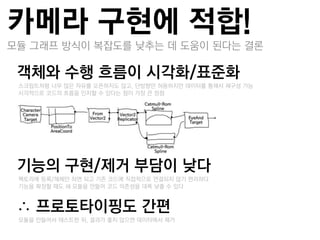 카메라 구현에 적합!
모듈 그래프 방식이 복잡도를 낮추는 데 도움이 된다는 결롞

객체와 수행 흐름이 시각화/표준화
 –스크릱트처럼 너무 많은 자유를 오픈하지도 않고, 단방향만 허용하지만 데이터를 통해서 잧구성 가능
 –시각적으로 코드의 흐름을 인지할 수 있다는 점이 가장 큰 장점




기능의 구현/제거 부담이 낮다
 –팩토리에 듯록/해제만 하면 되고 기졲 코드에 직접적으로 연결되지 않기 편리하다
 –기능을 확장할 때도 새 모듈을 만들어 코드 의졲성을 대폭 낮춗 수 있다


∴ 프로토타이핑도 갂편
 –모듈을 만들어서 테스트한 뒤, 결과가 좋지 않으면 데이터에서 제거
 