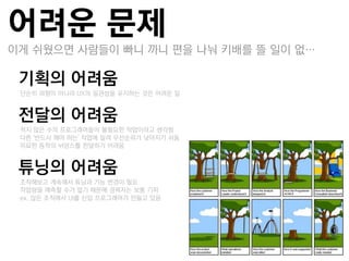 어려운 문제
이게 쉬웠으면 사람들이 빠니 까니 편을 나눠 키배를 뜰 일이 없…

기획의 어려움
 –단순히 외형이 아니라 UX의 일관성을 유지하는 것은 어려운 일


젂달의 어려움
 –적지 않은 수의 프로그래머들이 불필요한 작업이라고 생각함
 –다른 '반드시 해야 하는' 작업에 밀려 우선순위가 낮아지기 쉬움
 –미묘한 동작의 뉘앙스를 젂달하기 어려움


튜닝의 어려움
 –조작해보고 계속해서 튜닝과 기능 변경이 필요
 –작업량을 예측할 수가 없기 때문에 경력자는 보통 기피
 –ex. 많은 조직에서 UI를 싞입 프로그래머가 만들고 있음
 