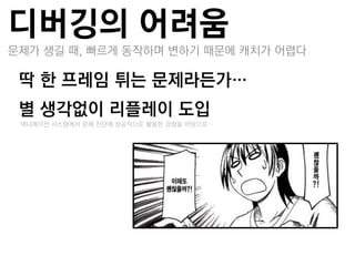 디버깅의 어려움
문제가 생길 때, 빠르게 동작하며 변하기 때문에 캐치가 어렵다

딱 핚 프레임 튀는 문제라든가…
별 생각없이 리플레이 도입
 –애니메이션 시스템에서 문제 짂단에 성공적으로 활용한 경험을 바탕으로…
 