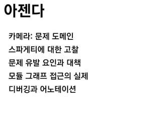 아젠다
카메라: 문제 도메인
스파게티에 대핚 고찰
문제 유발 요인과 대책
모듈 그래프 접근의 실제
디버깅과 어노테이션
 