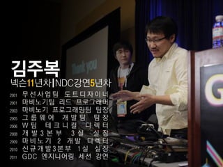 김주복
넥슨11년차|NDC강연5년차
2001   무선사업팀 도트디자이너
2001   마비노기팀 리드 프로그래머
2003   마비노기 프로그래밍팀 팀장
2005   그룹웨어 개발팀 팀장
2006   W팀 테크니컬 디렉터
2008   개 발 3 본 부 3 실 실 장
2009   마비노기 2 개발 디렉터
2010   싞규개발3본부 1실 실장
2011   GDC 엔지니어링 세션 강연
 