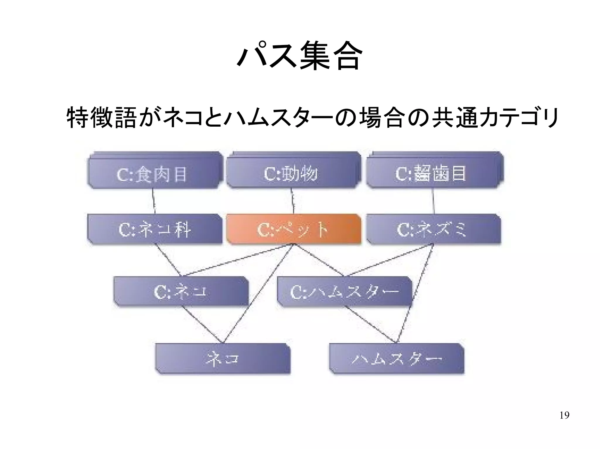 パス集合
特徴語がネコとハムスターの場合の共通カテゴリ




                     19
 