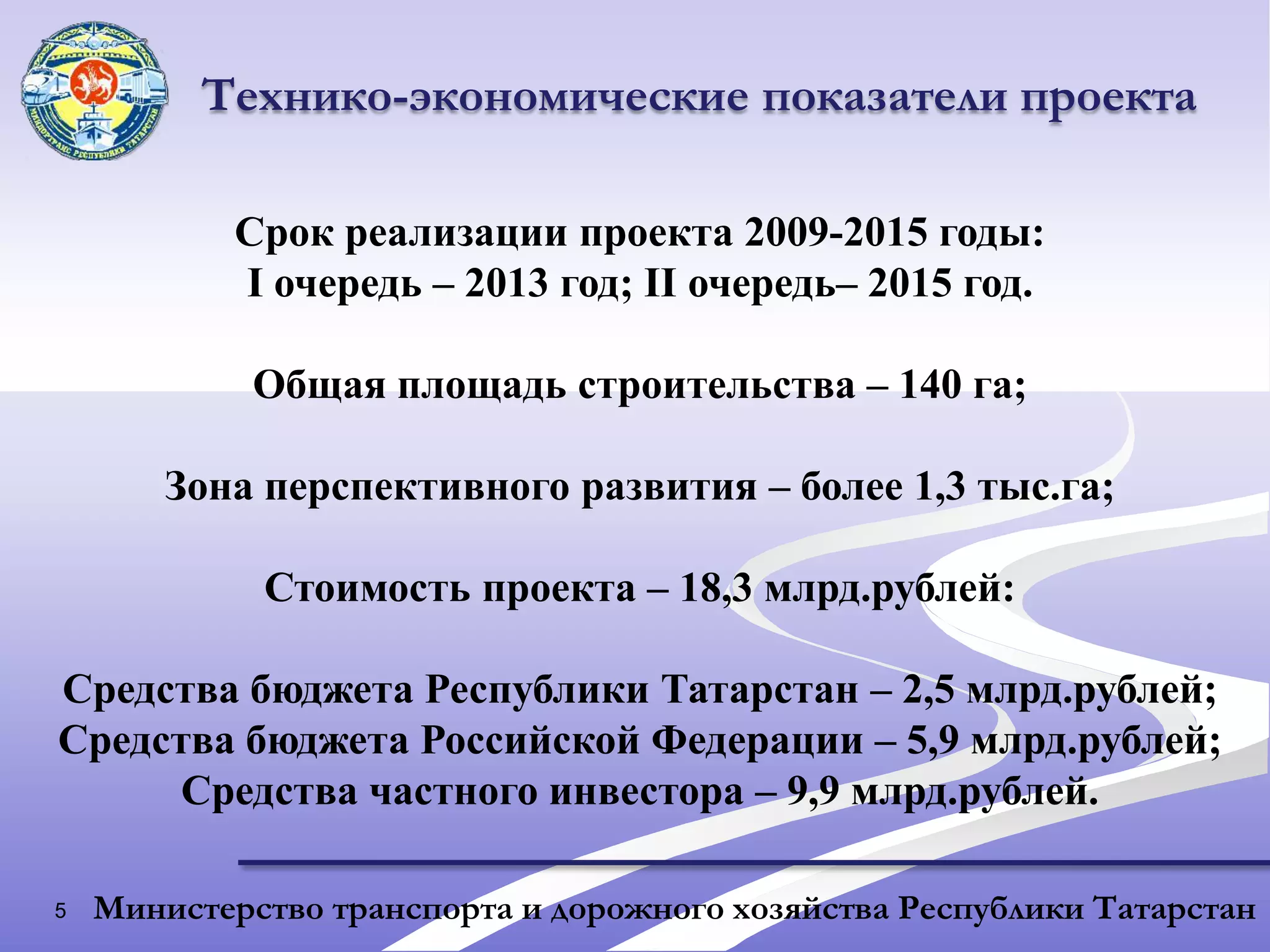 5Технико-экономические показатели проектаСрок реализации проекта 2009-2015 годы:I очередь – 2013 год; II очередь– 2015 год.Общая площадь строительства – 140 га;Зона перспективного развития – более 1,3 тыс.га;Стоимость проекта – 18,3 млрд.рублей:Средства бюджета Республики Татарстан – 2,5 млрд.рублей;Средства бюджета Российской Федерации – 5,9 млрд.рублей;Средства частного инвестора – 9,9 млрд.рублей.Министерство транспорта и дорожного хозяйства Республики Татарстан