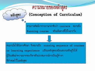 (Conception of Curriculum)
                ตามรากศัพท์มาจากภาษาลาตินว่า currere หมายถึง
                Running course หรือเส้นทางที่ใช้ในการวิ่ง


ต่อมาเมือใช้กับการศึกษา จึงหมายถึง running sequence of courses
          ่
or learning experience เปรียบหลักสูตรเหมือนสนามหรือลู่วิ่งให้
ผู้เรียนฟันฝ่าความยากของวิชาหรือประสบการณ์การเรียนรู้ต่างๆ
ที่กาหนดไว้ในหลักสูตร
 