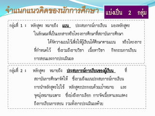 แบ่งเป็น 2 กลุม
                                                                         ่
กลุ่มที่ 1 : หลักสูตร หมายถึง แผน ประสบการณ์การเรียน มองหลักสูตร
               ในลักษณะทีเ่ ป็นเอกสารหรือโครงการศึกษาที่สถาบันการศึกษา
                        ได้จัดวางแผนไว้เพื่อให้ผู้เรียนได้ศึกษาตามแผน หรือโครงการ
               ที่กาหนดไว้ ซึ่งรวมถึงรายวิชา เนื้อหาวิชา กิจกรรมการเรียน
               การสอนและการประเมินผล
กลุ่มที่ 2 : หลักสูตร หมายถึง ประสบการณ์การเรียนของผูเ้ รียน         ที่
              สถาบันการศึกษาจัดให้ ซึ่งรวมถึงแผนประสบการณ์การเรียน
              การนาหลักสูตรไปใช้ หลักสูตรประกอบด้วยเป้าหมาย และ
              จุดมุ่งหมายเฉพาะ ซึ่งบ่งถึงการเลือก การจัดเนื้อหาและแสดง
              ถึงการเรียนการสอน รวมทั้งการประเมินผลด้วย
 
