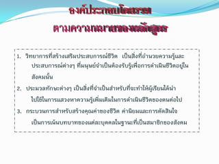 1. วิทยาการที่สร้างเสริมประสบการณ์ชีวิต เป็นสิ่งที่อานวยความรู้และ
      ประสบการณ์ต่างๆ ที่มนุษย์จาเป็นต้องรับรู้เพื่อการดาเนินชีวิตอยู่ใน
      สังคมนั้น
2. ประมวลทักษะต่างๆ เป็นสิ่งที่จาเป็นสาหรับที่จะทาให้ผู้เรียนได้นา
      ไปใช้ในการแสวงหาความรู้เพิ่มเติมในการดาเนินชีวิตของตนต่อไป
3. กระบวนการสาหรับสร้างคุณค่าของชีวิต ค่านิยมและการตัดสินใจ
      เป็นการเน้นบทบาทของแต่ละบุคคลในฐานะที่เป็นสมาชิกของสังคม
 