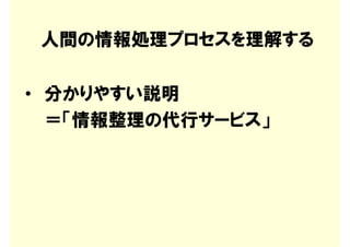 人間の情報処理プロセスを理解する

• 分かりやすい説明
  ＝「情報整理の代行サービス」
 