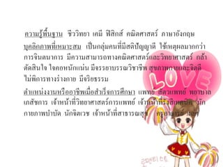 ความรู ้พ้ืนฐาน ชีววิทยา เคมี ฟิ สิ กส์ คณิ ตศาสตร์ ภาษาอังกฤษ
บุคลิกภาพที่เหมาะสม เป็ นกลุ่มคนที่มีสติปัญญาดี ใช้เหตุผลมากกว่า
การจินตนาการ มีความสามารถทางคณิ ตศาสตร์และวิทยาศาสตร์ กล้า
ตัดสิ นใจ ใจคอหนักแน่น มีจรรยาบรรณวิชาชีพ สุ ขภาพกายและจิตดี
ไม่พิการทางร่ างกาย มีจริ ยธรรม
ตําแหน่งงานหรื ออาชีพเมื่อสําเร็ จการศึกษา แพทย์ สัตวแพทย์ พยาบาล
เภสัชการ เจ้าหน้าที่วทยาศาสตร์การแพทย์ เจ้าหน้าที่รังสี เทคนิค นัก
                      ิ
กายภาพบําบัด นักจิตเวช เจ้าหน้าที่สาธารณสุ ข ครู อาจารย์ ฯลฯ
 