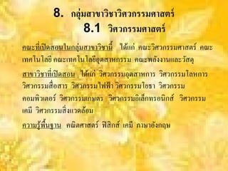 8. กลุ่มสาขาวิชาวิศวกรรมศาสตร์
                 8.1 วิศวกรรมศาสตร์
คณะที่เปิ ดสอนในกลุ่มสาขาวิชานี้ ได้แก่ คณะวิศวกรรมศาสตร์ คณะ
เทคโนโลยี คณะเทคโนโลยีอุตสาหกรรม คณะพลังงานและวัสดุ
สาขาวิชาที่เปิ ดสอน ได้แก่ วิศวกรรมอุตสาหการ วิศวกรรมโลหการ
วิศวกรรมสื่ อสาร วิศวกรรมไฟฟ้ า วิศวกรรมโยธา วิศวกรรม
คอมพิวเตอร์ วิศวกรรมเกษตร วิศวกรรมอิเล็กทรอนิกส์ วิศวกรรม
เคมี วิศวกรรมสิ่ งแวดล้อม
ความรู้พ้ืนฐาน คณิ ตศาสตร์ ฟิ สิ กส์ เคมี ภาษาอังกฤษ
 