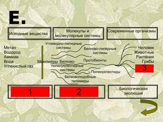 Исходные вещества Молекулы и молекулярные системы Современные организмы Начальный этап зарождения жизни Химическая эволюция Биологическая эволюция Мономеры Метан Водород Аммиак Вода Углекислый газ Человек Животные Растения Грибы Бактерии Углеводно-липидные системы Белково-полинуклеотидные системы Протобионты Белковоподобные полимеры Белково-липидные системы Полинуклеотиды 1 2 3 
