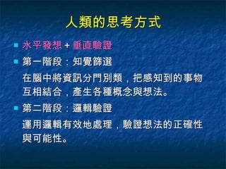 人類的思考方式 水平發想 ＋ 垂直驗證 第一階段：知覺篩選 在腦中將資訊分門別類，把感知到的事物互相結合，產生各種概念與想法。 第二階段：邏輯驗證 運用邏輯有效地處理，驗證想法的正確性與可能性。 