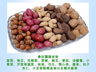 最佳護腦食物 菠菜、南瓜、花椰菜、菜椒、豌豆、番茄、胡蘿蔔、小青菜、芹菜等蔬菜，核桃、花生、開心果、腰果、松子、杏仁、大豆等殼類食物以及糙米飯等 