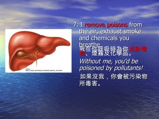 7. I  remove poisons  from the air, exhaust smoke and chemicals you breathe.  我在你呼吸時為你 消除毒物 、煙霧及化學品。 Without me, you'd be poisoned by pollutants! 如果沒我，你會被污染物所毒害。 