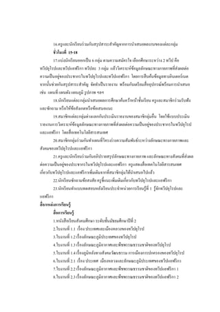 16.ครู และนักเรี ยนร่ วมกันสรุ ปสาระสาคัญจากการนาเสนอผลงานของแต่ละกลุ่ม
           ชั่วโมงที่ 15-18
           17.แบ่งนักเรี ยนออกเป็ น 6 กลุ่ม ตามความสมัครใจ เลือกศึกษาระหว่าง 2 ทวีป คือ
ทวีปยุโรปและทวีปแอฟริ กา ทวีปละ 3 กลุ่ม แล้ววิเคราะห์ขอมูลลักษณะทางกายภาพที่ส่งผลต่อ
                                                                  ้
                 ่
ความเป็ นอยูของประชากรในทวีปยุโรปและทวีปแอฟริ กา โดยการสื บค้นข้อมูลทางอินเตอร์เนต
จากนั้นช่วยกันสรุ ปสาระสาคัญ จัดทาเป็ นรายงาน พร้อมกับเตรี ยมสื่ ออุปกรณ์พร้อมการนาเสนอ
เช่น แผนที่ แผนผัง แผนภูมิ รู ปภาพ ฯลฯ
           18.นักเรี ยนแต่ละกลุ่มนาเสนอผลการศึกษาค้นคว้าหน้าชั้นเรี ยน ครู และสมาชิกร่ วมรับฟัง
และซักถาม หรื อให้ขอสังเกตหรื อข้อเสนอแนะ
                          ้
           19.สมาชิกแต่ละกลุ่มต่างแลกกันประเมินรายงานของสมาชิกลุ่มอื่น โดยใช้แบบประเมิน
รายงานการวิเคราะห์ขอมูลลักษณะทางกายภาพที่ส่งผลต่อความเป็ นอยูของประชากรในทวีปยุโรป
                            ้                                              ่
และแอฟริ กา โดยสื่ อเทคโนโลยีสารสนเทศ
           20.สมาชิกกลุ่มร่ วมกันทาแผนที่โครงร่ างความสัมพันธ์ระหว่างลักษณะทางกายภาพและ
สังคมของทวีปยุโรปและแอฟริ กา
           21.ครู และนักเรี ยนร่ วมกันอภิปรายสรุ ปลักษณะทางกายภาพ และลักษณะทางสังคมที่ส่งผล
                   ่
ต่อความเป็ นอยูของประชากรในทวีปยุโรปและแอฟริ กา ครู แสดงสื่ อเทคโนโลยีสารสนเทศ
เกี่ยวกับทวีปยุโรปและแอฟริ กาเพิ่มเติมจากที่สมาชิกลุ่มได้นาเสนอไปแล้ว
           22.นักเรี ยนซักถามข้อสงสัย ครู ช้ ีแนะเพิ่มเติมเกี่ยวกับทวีปยุโรปและแอฟริ กา
           23.นักเรี ยนทาแบบทดสอบหลังเรี ยนประจาหน่วยการเรี ยนรู ้ที่ 1 รู้จกทวีปยุโรปและ
                                                                               ั
แอฟริ กา
สื่ อ/แหล่ งการเรียนรู้
           สื่ อการเรียนรู้
           1.หนังสื อเรี ยนสังคมศึกษา ระดับชั้นมัธยมศึกษาปี ที่ 2
           2.ใบงานที่ 1.1 เรื่ อง ประเทศและเมืองหลวงของทวีปยุโรป
           3.ใบงานที่ 1.2 เรื่ องลักษณะภูมิประเทศของทวีปยุโรป
           4.ใบงานที่ 1.3 เรื่ องลักษณะภูมิอากาศและพืชพรรณธรรมชาติของทวีปยุโรป
           5.ใบงานที่ 1.4 เรื่ องภูมิหลังทางสังคมวัฒนธรรม การเมืองการปกครองของทวีปยุโรป
           6.ใบงานที่ 2.1 เรื่ อง ประเทศ เมืองหลวงและลักษณะภูมิประเทศของทวีปแอฟริ กา
           7.ใบงานที่ 2.2 เรื่ องลักษณะภูมิอากาศและพืชพรรณธรรมชาติของทวีปแอฟริ กา 1
           8.ใบงานที่ 2.3 เรื่ องลักษณะภูมิอากาศและพืชพรรณธรรมชาติของทวีปแอฟริ กา 2
 