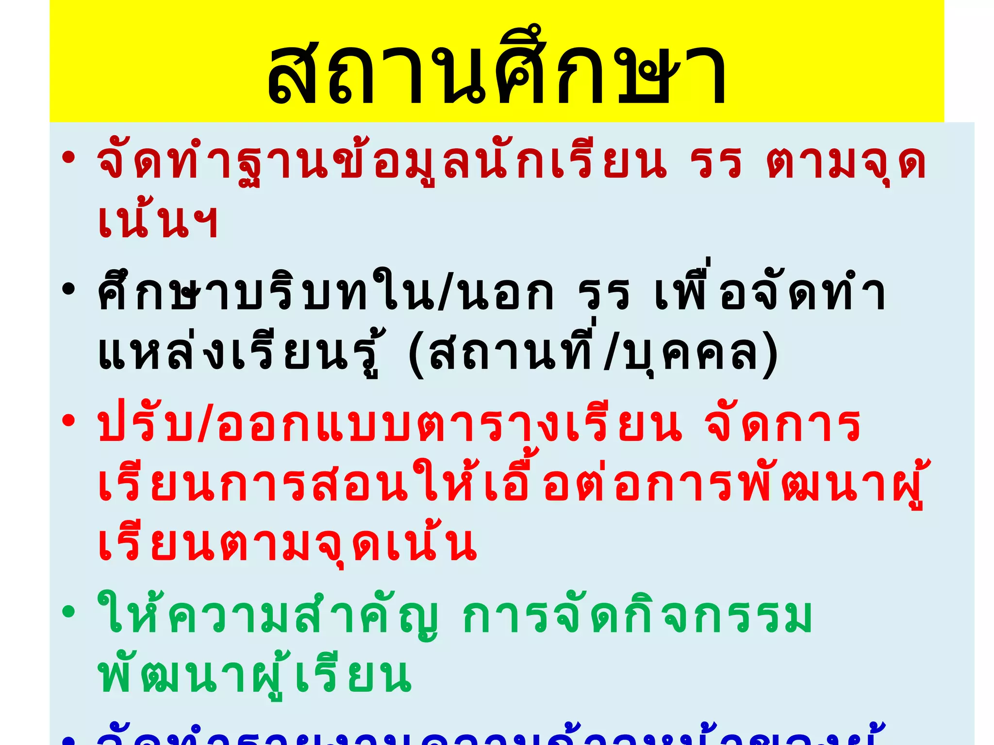 สถานศึกษา จัดทำฐานข้อมูลนักเรียน รร ตามจุดเน้นฯ ศึกษาบริบทใน / นอก รร เพื่อจัดทำแหล่งเรียนรู้  ( สถานที่ / บุคคล )   ปรับ / ออกแบบตารางเรียน จัดการเรียนการสอนให้เอื้อต่อการพัฒนาผู้เรียนตามจุดเน้น ให้ความสำคัญ การจัดกิจกรรมพัฒนาผู้เรียน จัดทำรายงานความก้าวหน้าของผู้เรียนตามจุดเน้น 
