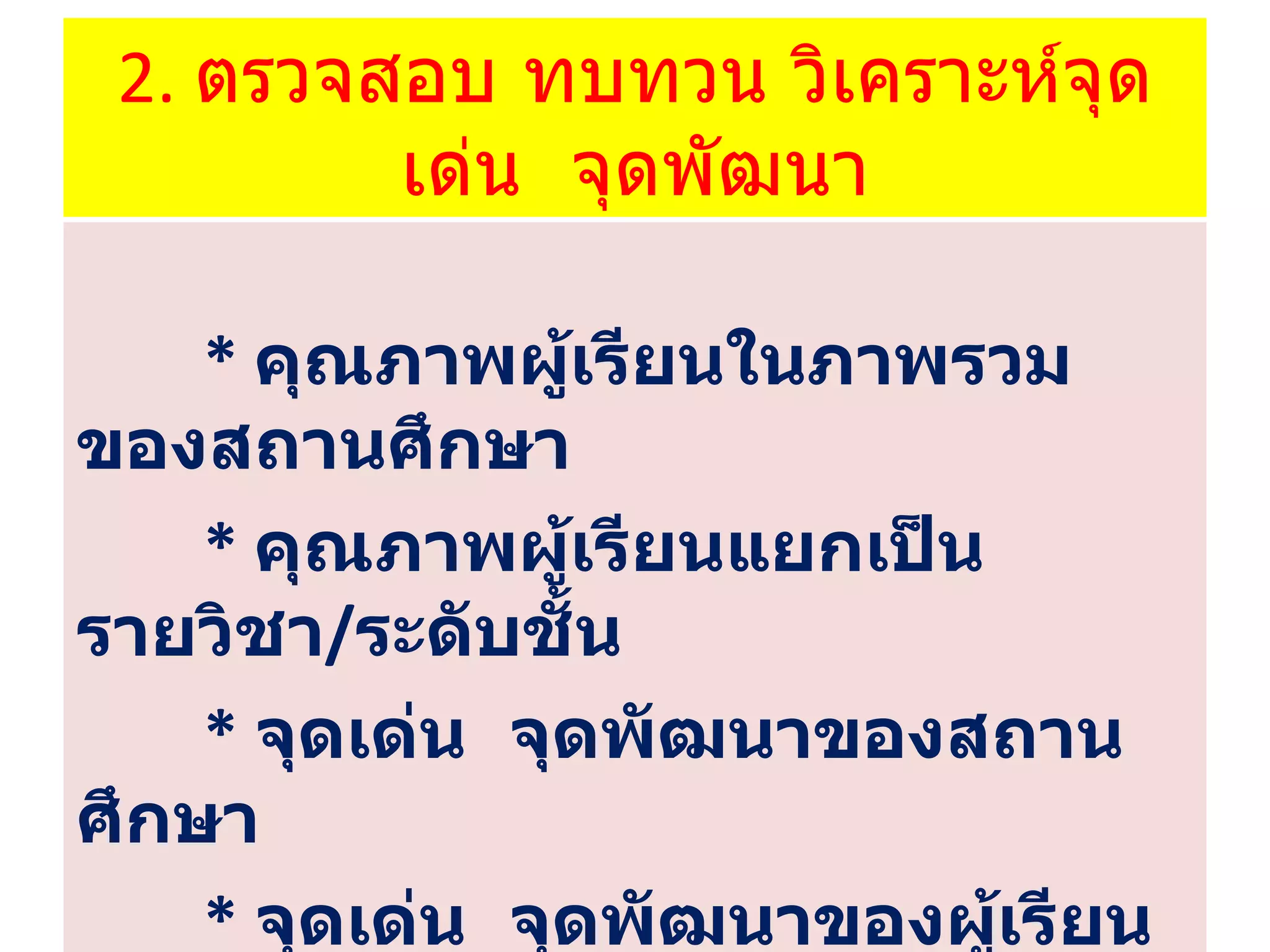 2.  ตรวจสอบ ทบทวน วิเคราะห์จุดเด่น  จุดพัฒนา *  คุณภาพผู้เรียนในภาพรวมของสถานศึกษา *   คุณภาพผู้เรียนแยกเป็นรายวิชา / ระดับชั้น *  จุดเด่น  จุดพัฒนาของสถานศึกษา *  จุดเด่น  จุดพัฒนาของผู้เรียน 