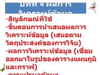 ระยะที่  สัญลักษณ์ที่ใช้ ขั้นตอนการนำเสนอผลการวิเคราะห์ข้อมูล  ( เสนอตามวัตถุประสงค์ของการวิจัย ) ผลการวิเคราะห์ข้อมูล  ( เชื่อมออกมาในรูปของตารางแผนภูมิและกราฟ ) การแปรผลข้อมูล บทที่  4  ผลการวิเคราะห์ข้อมูล 