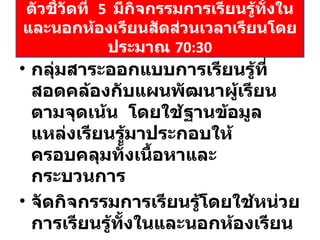 กลุ่มสาระออกแบบการเรียนรู้ที่สอดคล้องกับแผนพัฒนาผู้เรียนตามจุดเน้น  โดยใช้ฐานข้อมูลแหล่งเรียนรู้มาประกอบให้ครอบคลุมทั้งเนื้อหาและกระบวนการ จัดกิจกรรมการเรียนรู้โดยใช้หน่วยการเรียนรู้ทั้งในและนอกห้องเรียน ตัวชี้วัดที่  5  มีกิจกรรมการเรียนรู้ทั้งในและนอกห้องเรียนสัดส่วนเวลาเรียนโดยประมาณ  70:30 