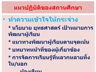 แนวปฏิบัติของสถานศึกษา ทำความเข้าใจให้กระจ่าง *  นโยบาย ยุทธศาสตร์ เป้าหมายการพัฒนาผู้เรียน *   แนวทางพัฒนาผู้เรียนตามจุดเน้น *  บทบาทหน้าที่ของผู้เกี่ยวข้อง *  การจัดการเรียนรู้ที่หลากหลายทั้งใน / นอก ห้องเรียน 