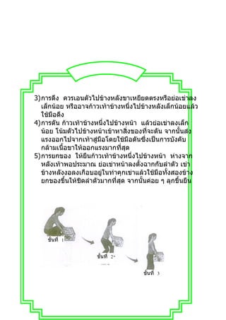 3)การดึง ควรเอนตัวไปข้างหลังขาเหยียดตรงหรือย่อเข่าลง
  เล็กน้อย หรืออาจก้าวเท้าข้างหนึ่งไปข้างหลังเล็กน้อยแล้ว
  ใช้มือดึง
4)การดัน ก้าวเท้าข้างหนึ่งไปข้างหน้า แล้วย่อเข่าลงเล็ก
  น้อย โน้มตัวไปข้างหน้าเข้าหาสิ่งของที่จะดัน จากนั้นส่ง
  แรงออกไปจากเท้าสู่มือโดยใช้มือดันซึ่งเป็นการบังคับ
  กล้ามเนื้อขาให้ออกแรงมากที่สุด
5)การยกของ ให้ยืนก้าวเท้าข้างหนึ่งไปข้างหน้า ห่างจาก
  หลังเท้าพอประมาณ ย่อเข่าหน้าลงตั้งฉากกับลำาตัว เข่า
  ข้างหลังงอลงเกือบอยู่ในท่าคุกเข่าแล้วใช้มือทังสองข้าง
                                               ้
  ยกของขึ้นให้ชิดลำาตัวมากที่สุด จากนั้นค่อย ๆ ลุกขึ้นยืน




    ขั้นที่ 1


                     ขั้นที่ 2


                                      ขั้นที่ 3
 