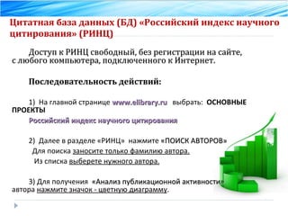 Цитатная база данных (БД) «Российский индекс научного цитирования» (РИНЦ)  Доступ к РИНЦ свободный, без регистрации на сайте,  с любого компьютера, подключенного к Интернет. Последовательность действий:   1)  На главной странице  www.elibrary.ru     выбрать:  ОСНОВНЫЕ ПРОЕКТЫ Российский индекс научного цитирования 2)  Далее в разделе «РИНЦ»  нажмите  «ПОИСК АВТОРОВ» Для поиска  заносите только фамилию автора. Из списка  выберете нужного автора.   3) Для получения  «Анализ публикационной активности» автора  нажмите значок - цветную диаграмму . 