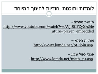 ‫לומדות ותוכנות יחודיות לחינוך המיוחד‬

                                    - ‫תולעת ספרים‬
http://www.youtube.com/watch?v=AVji8CFZyXA&fe
                         ature=player_embedded

                                   – ‫אותיות הפלא‬
                http://www.lomda.net/ot_join.asp

                                 – ‫פגבג כפול שבע‬
              http://www.lomda.net/math_p1.asp
 