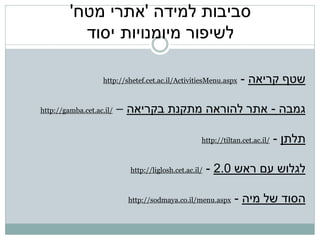 '‫סביבות למידה 'אתרי מטח‬
           ‫לשיפור מיומנויות יסוד‬

                   http://shetef.cet.ac.il/ActivitiesMenu.aspx   - ‫שטף קריאה‬

http://gamba.cet.ac.il/   – ‫גמבה - אתר להוראה מתקנת בקריאה‬

                                                    http://tiltan.cet.ac.il/   - ‫תלתן‬

                            http://liglosh.cet.ac.il/   - 2.0 ‫לגלוש עם ראש‬

                            http://sodmaya.co.il/menu.aspx     - ‫הסוד של מיה‬
 