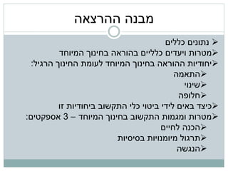 ‫מבנה ההרצאה‬
                                        ‫‪ ‬נתונים כללים‬
          ‫‪‬מטרות ויעדים כלליים בהוראה בחינוך המיוחד‬
  ‫‪‬יחודיות ההוראה בחינוך המיוחד לעומת החינוך הרגיל:‬
                                           ‫‪‬התאמה‬
                                              ‫‪‬שינוי‬
                                            ‫‪‬חלופה‬
          ‫‪‬כיצד באים לידי ביטוי כלי התקשוב ביחודיות זו‬
‫‪‬מטרות ומגמות התקשוב בחינוך המיוחד – 3 אספקטים:‬
                                       ‫‪‬הכנה לחיים‬
                          ‫‪‬תרגול מיומנויות בסיסיות‬
                                            ‫‪‬הנגשה‬
 