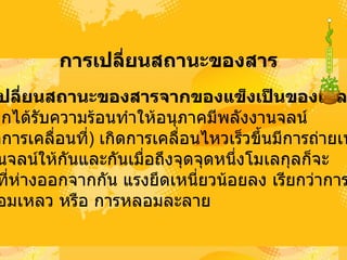 การเปลี่ยนสถานะྺองสาร   1. การเปลี่ยนสถานะྺองสารจากของแข็งเป็นของเหลว   เนื่องจากได้รับความร้อนทำให้อนุภาคมีพลังงานจลน์  ( ได้จากการเคลื่อนที่ )  เกิดการเคลื่อนไหวเร็วขึ้นมีการถ่ายเท พลังงานจลน์ให้กันและกันเมื่อถึงจุดจุดหนึ่งโมเลกุลก็จะ เคลื่อนที่ห่างออกจากกัน แรงยึดเหนี่ยวน้อยลง เรียกว่าการละลาย  การหลอมเหลว หรือ การหลอมละลาย  