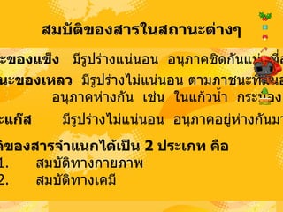 สมบัติของสารในสถานะต่างๆ สถานะของแข็ง  มีรูปร่างแน่นอน อนุภาคชิดกันแน่นที่สุด  สถานะของเหลว   มีรูปร่างไม่แน่นอน ตามภาชนะที่มันอยู่   อนุภาคห่างกัน เช่น ในแก้วน้ำ กระป๋อง สถานะแก๊ส    มีรูปร่างไม่แน่นอน อนุภาคอยู่ห่างกันมากที่สุด  สมบัติของสารจำแนกได้เป็น  2  ประเภท คือ   1 .   สมบัติทางกายภาพ   2 .   สมบัติทางเคมี  