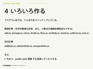 GLOBAL FUNCTIONS                       PLUGRAM ACTIONSCRIPT3 UTILITIES




        COPYRIGHT 2011 PLUGRAM, INC.
 