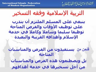 التربية الإسلامية وفقه التسخير ينبغي على المسلم الملتزم أن يتدرب على توظيف الأوقات والفرص المتاحة توظيفا سليما وشاملا وكاملا في خدمة الإسلام وأهدافه القريبة والبعيدة فنحن من  يستفيدون من الفرص والمناسبات المتاحة بل ويصطنعون هذه الفرص والمناسبات من أجل تسخيرها في خدمة أهدافهم 