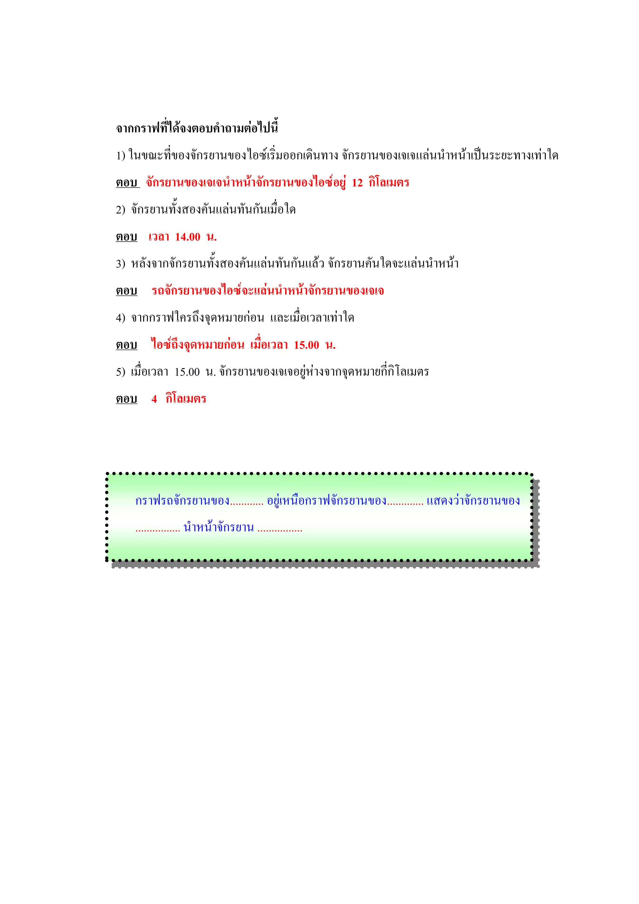 จากกราฟที่ได้จงตอบคาถามต่อไปนี้
1) ในขณะที่ของจักรยานของไอซ์เริ่มออกเดินทาง จักรยานของเจเจแล่นนาหน้าเป็นระยะทางเท่าใด
ตอบ จักรยานของเจเจนาหน้าจักรยานของไอซ์อยู่ 12 กิโลเมตร
2) จักรยานทั้งสองคันแล่นทันกันเมื่อใด
ตอบ เวลา 14.00 น.
3) หลังจากจักรยานทั้งสองคันแล่นทันกันแล้ว จักรยานคันใดจะแล่นนาหน้า
ตอบ รถจักรยานของไอซ์จะแล่นนาหน้าจักรยานของเจเจ
4) จากกราฟใครถึงจุดหมายก่อน และเมื่อเวลาเท่าใด
ตอบ ไอซ์ถึงจุดหมายก่อน เมื่อเวลา 15.00 น.
5) เมื่อเวลา 15.00 น. จักรยานของเจเจอยู่ห่างจากจุดหมายกี่กิโลเมตร
ตอบ 4 กิโลเมตร




    กราฟรถจักรยานของ............ อยู่เหนือกราฟจักรยานของ............. แสดงว่าจักรยานของ
    ................ นาหน้าจักรยาน ................
 